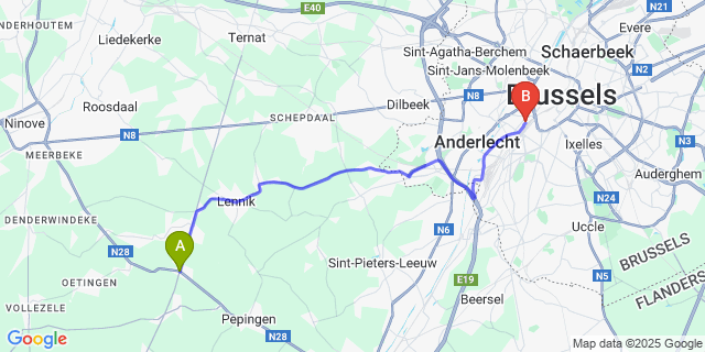 Map: Brussels Midi Train Station to Leerbeek
