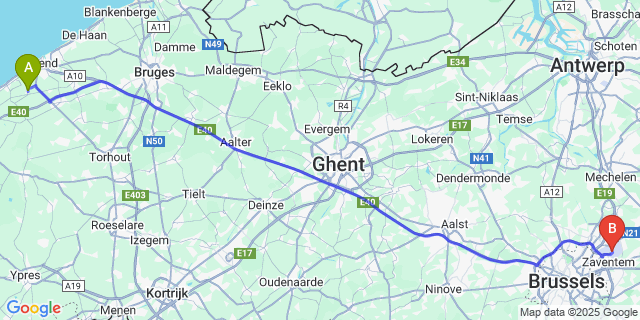 Map: Brussels Zaventem Airport (BRU) to Leffinge