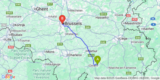 Map: Brussels Midi Train Station to Leignon