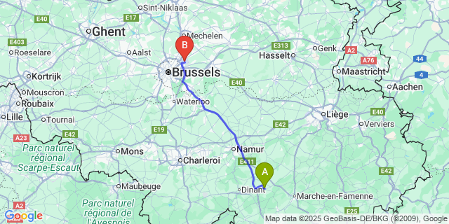 Map: Brussels Zaventem Airport (BRU) to Leignon