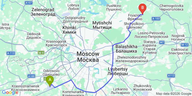 Map: Moscow Vnukovo Airport (VKO) to Zhukovsky