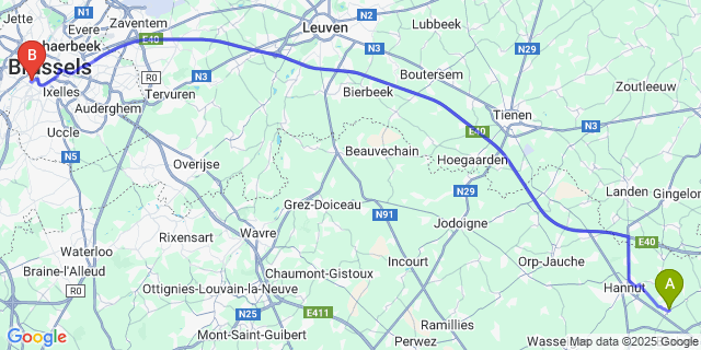 Map: Brussels Midi Train Station to Lens-Saint-Remy