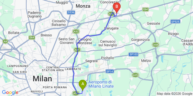 Map: Milan Linate Airport (LIN) to Agrate Brianza