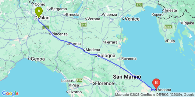 Map: Milan Linate Airport (LIN) to Ancona