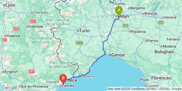Map: Milan Linate Airport (LIN) to Antibes