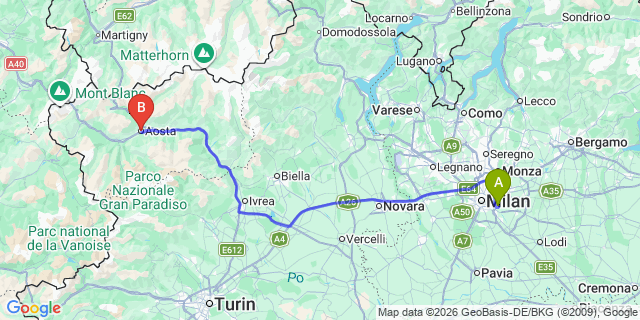 Map: Milan Linate Airport (LIN) to Aosta