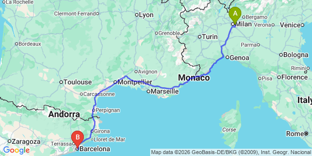 Map: Milan Linate Airport (LIN) to Barcelona