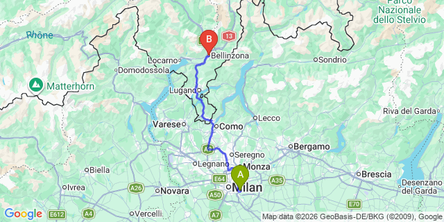 Map: Milan Linate Airport (LIN) to Bellinzona