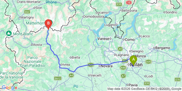 Map: Milan Linate Airport (LIN) to Breuil-Cervinia