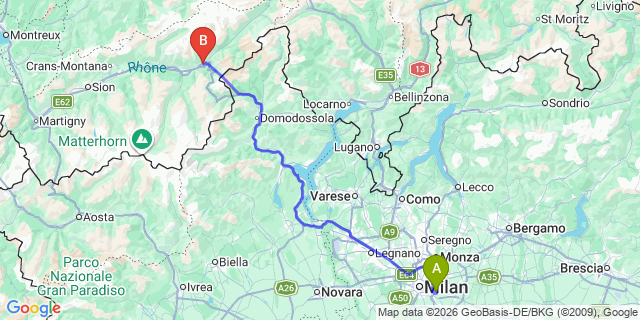 Map: Milan Linate Airport (LIN) to Brig