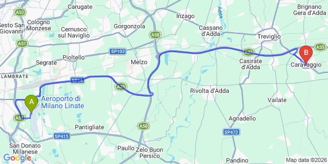 Map: Milan Linate Airport (LIN) to Caravaggio