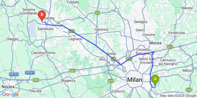 Map: Milan Linate Airport (LIN) to Cardano Al Campo