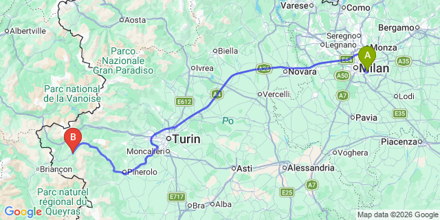 Map: Milan Linate Airport (LIN) to Club Med Pragelato Vialattea