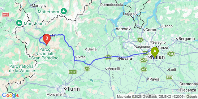 Map: Milan Linate Airport (LIN) to Cogne