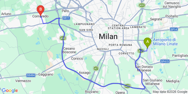 Map: Milan Linate Airport (LIN) to Cornaredo