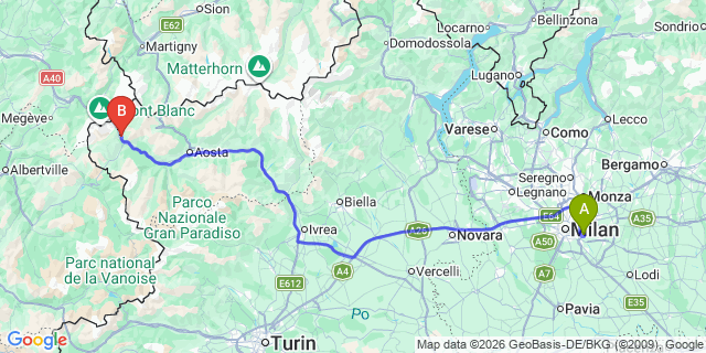 Map: Milan Linate Airport (LIN) to Courmayeur