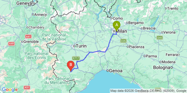 Map: Milan Linate Airport (LIN) to Cuneo