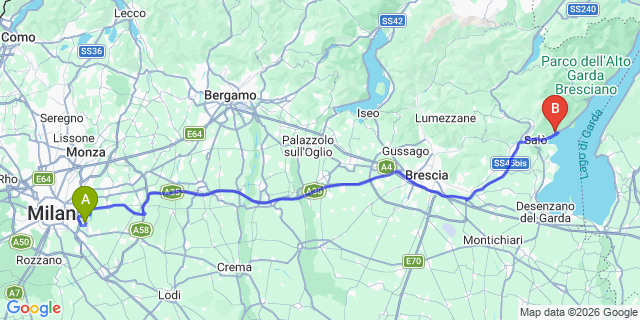 Map: Milan Linate Airport (LIN) to Gardone Riviera (Lago di Garda)