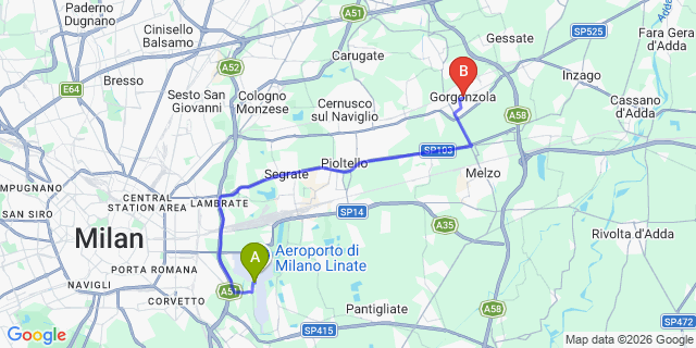 Map: Milan Linate Airport (LIN) to Gorgonzola