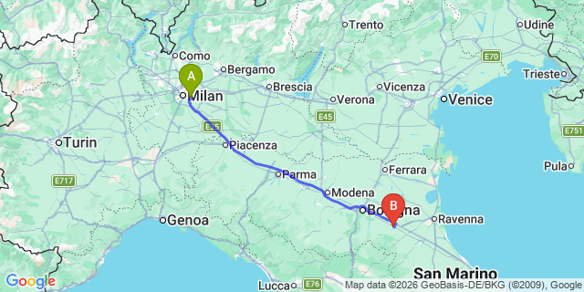 Map: Milan Linate Airport (LIN) to Imola