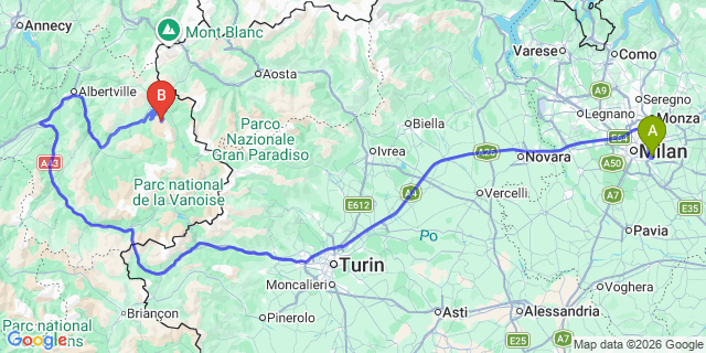 Map: Milan Linate Airport (LIN) to Les Arcs (1950 / 2000)