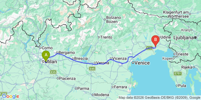 Map: Milan Linate Airport (LIN) to Lignano Sabbiadoro