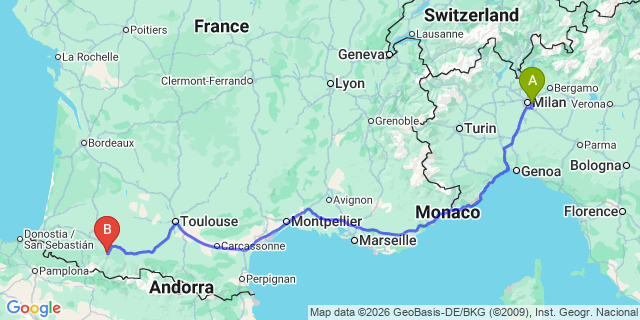 Map: Milan Linate Airport (LIN) to Lourdes