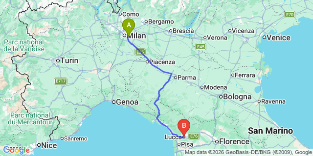 Map: Milan Linate Airport (LIN) to Lucca