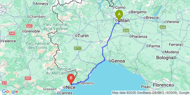Map: Milan Linate Airport (LIN) to Menton