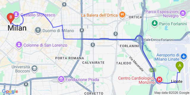Map: Milan Linate Airport (LIN) to Milan Cadorna Railway Station