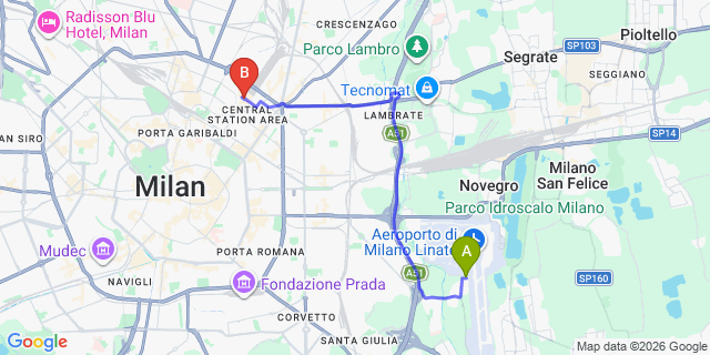 Map: Milan Linate Airport (LIN) to Milan Centrale Railway Station
