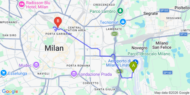 Map: Milan Linate Airport (LIN) to Milan Porta Garibaldi Railway Station