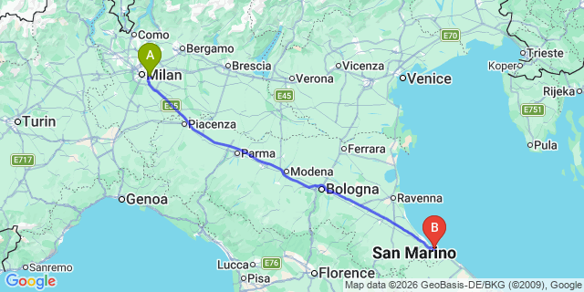 Map: Milan Linate Airport (LIN) to Misano Adriatico
