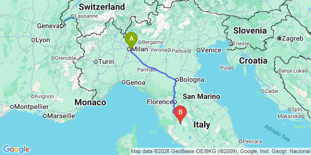 Map: Milan Linate Airport (LIN) to Montalcino
