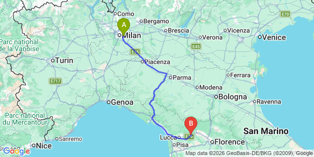 Map: Milan Linate Airport (LIN) to Montecatini Terme