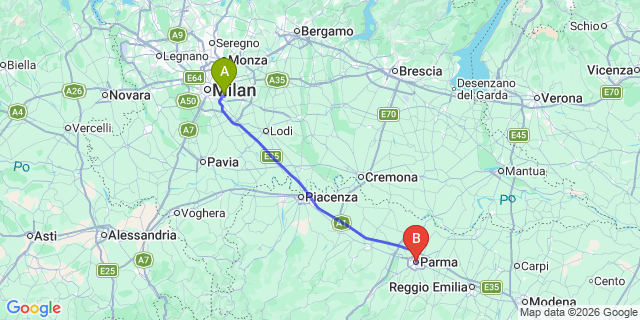Map: Milan Linate Airport (LIN) to Parma