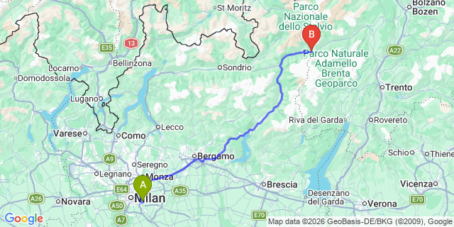 Map: Milan Linate Airport (LIN) to Passo Tonale