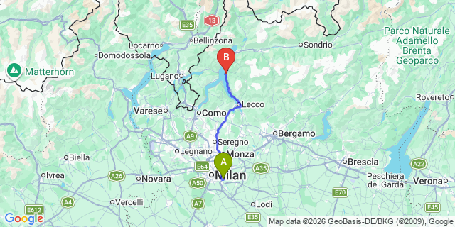 Map: Milan Linate Airport (LIN) to Perledo (Lago Como)