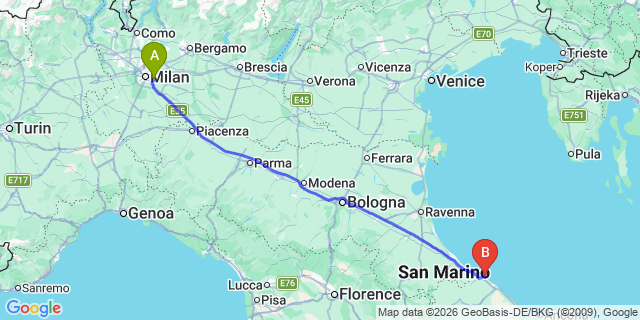 Map: Milan Linate Airport (LIN) to Pesaro