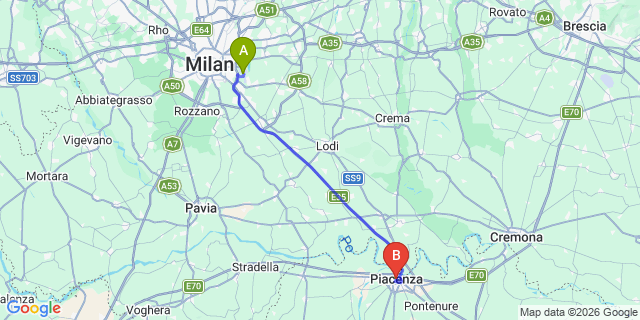 Map: Milan Linate Airport (LIN) to Piacenza