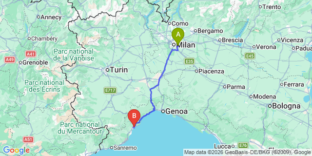 Map: Milan Linate Airport (LIN) to Pietra Ligure