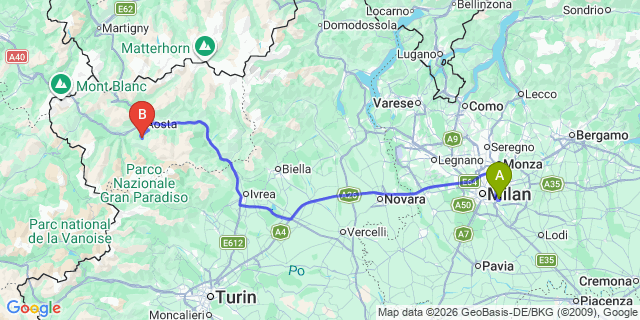 Map: Milan Linate Airport (LIN) to Pila (Valle d’Aosta)
