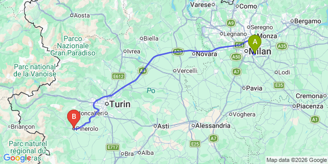 Map: Milan Linate Airport (LIN) to Pinerolo