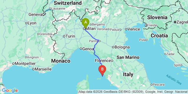 Map: Milan Linate Airport (LIN) to Piombino