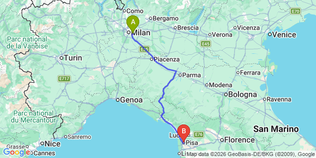 Map: Milan Linate Airport (LIN) to Pisa