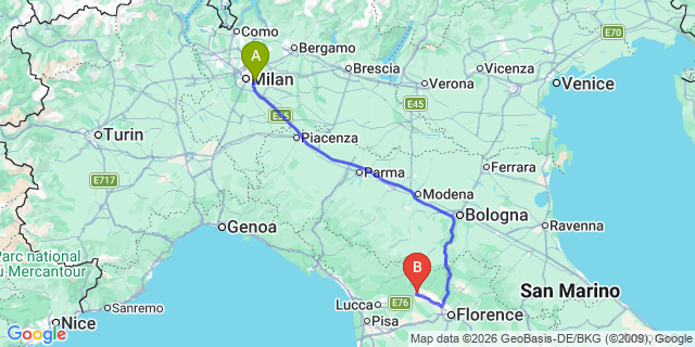 Map: Milan Linate Airport (LIN) to Pistoia