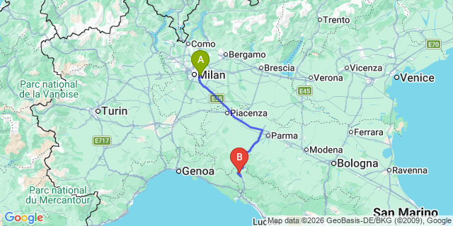 Map: Milan Linate Airport (LIN) to Pontremoli