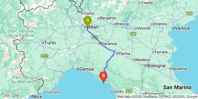 Map: Milan Linate Airport (LIN) to Portovenere