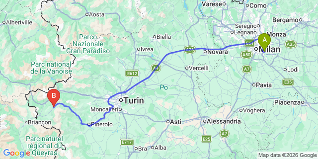 Map: Milan Linate Airport (LIN) to Pragelato
