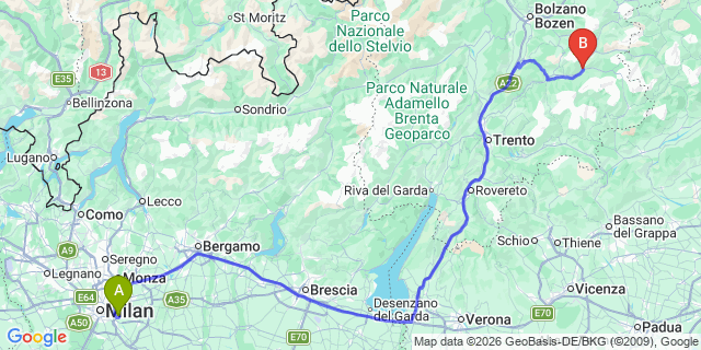 Map: Milan Linate Airport (LIN) to Predazzo